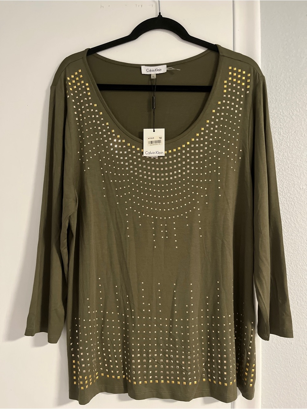 XL Calvin Klein Olive Green Scoop Neck Studded Long-Sleeve Top NWT